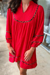 Chic Women's Fiery Red Long Sleeve Mini Dress with Leopard Trim & Textured V-Neck - Stylish Fit for Any Occasion