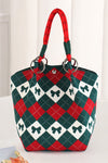 Chic Fiery Red Retro Argyle Bow Print Knit Bucket Bag for Women – Perfect for Stylish Everyday Wear