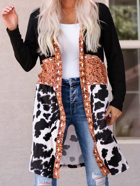 Cow Print Western Style Patchwork Cardigan