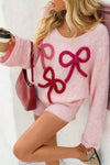 Cozy Women's Pink Baggy Sweater with Braided Bow Detail & Round Neck – Stylish Knitwear for All Seasons