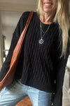 Women's Cozy Black Drop Shoulder Cable Knit Sweater - Chic Round Neck Pullover for Effortless Casual Style
