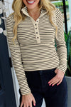 Beige Ribbed Knit Long Sleeve Top for Women - Slim Fit Half Button Striped Pullover for Casual Chic Style