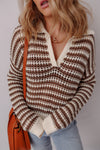 Trendy Women's Brown Striped Eyelet Sweater with Contrast Collar - Cozy Pullover for Fall Style and Comfort