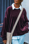 Grape Wine Velvet Long Sleeve Top for Women - Relaxed Fit, Stylish Drop Shoulder & Round Neck Design
