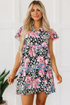 Women's Pink Floral Tiered Mini Dress with Ricrac Trim - Perfect Summer Style for Casual Outings and Parties