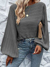 Elegant Dark Grey Eyelet Textured Knit Sweater with Lantern Sleeves