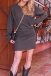 Women's Carbon Grey Long Sleeve Pleated Mini Dress - Chic Faux Two-Piece Style for Casual or Evening Events