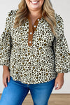 Plus Size Women's Khaki Leopard Print Blouse with Puff Sleeves, Button Detail & Contrast Trim for Chic Comfort