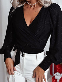 Shimmering Black V Neck Puff Sleeve Wrap Blouse