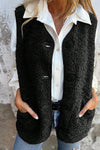Cozy Women's Black Plush Teddy Vest with V-Neck and Button Front - Perfect Layering Piece for Winter Fashion