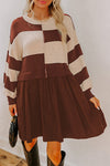 Chic Women's Brown Striped Two-in-One Sweater Dress with High Waist and Unique Splicing Hem for Ultimate Comfort