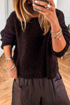 Chic Women's Black Fuzzy Knit Sweater with Round Neck & Drop Shoulders for Effortless Relaxed Style