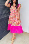 Women's Casual Summer Midi Dress with Ruffled Short Sleeves - Stylish Rose Floral Color Block Design for Everyday Wear