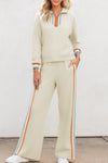Women's Apricot Striped Quarter Zip Pullover and Relaxed Fit Pants Set - Chic and Cozy Loungewear Ensemble