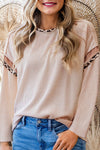 Chic Women’s Beige Ribbed Leopard Color Block Long Sleeve Top with Drop Shoulder for Trendy Casual Style