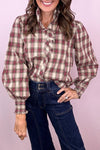 Trendy Women's Apricot Plaid Puff Sleeve Shirt with Frilled Collar – Chic Casual Top for Everyday Fashion