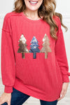 Women's Festive Coral Sequin Long Sleeve Top with Twisted Ribbed Shoulders and Christmas Tree Patch - Holiday Chic
