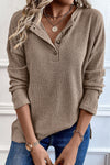 Women's Casual Pale Khaki Ribbed Long Sleeve Henley Top - Stylish Knit Shirt with Comfortable Fit for Everyday Wear