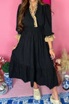 Elegant Women's Black Flowy Midi Dress with V-Neck, 3/4 Ruffled Sleeves, and Frilled Trim for Effortless Chic Style