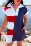 Chic Navy Blue Colorblock Striped Mini Dress for Women - Stylish Zip-Up Collared Summer Outfit