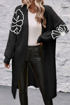 Chic Black Flower Embroidered Duster Cardigan for Women - Stylish Open Front, Drop Shoulder, Perfect for Layering