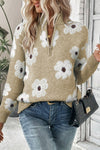 Women's Casual Khaki Floral Half-Zip Sweater with Drop Shoulders - Chic Knit Top for Everyday Comfort and Style