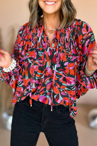 Crimson Dahlia Smocked Floral Puff Sleeve V-Neck Blouse