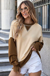 Women's Apricot Color Block Sweatshirt with Thumbhole Sleeves & Drop Shoulder for Stylish Casual Comfort
