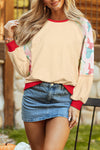 Chic Beige Women's Colorblock Bowknot Raglan Sleeve Top with Stylish Printed Patchwork for Casual Outfits