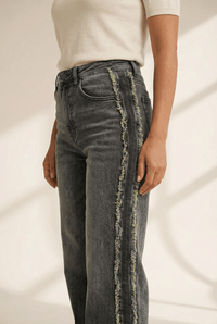 Women's Carbon Grey Frayed Wide Leg Jeans with Contrast Side Panel made for easy styling and wardrobe coordination, with premium-like structure and