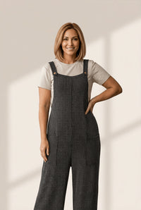 Women's Carbon Grey Ribbed Knit Wide Leg Overalls with Patch Pockets