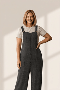 
Women's Carbon Grey Ribbed Knit Wide Leg Overalls with Patch Pockets