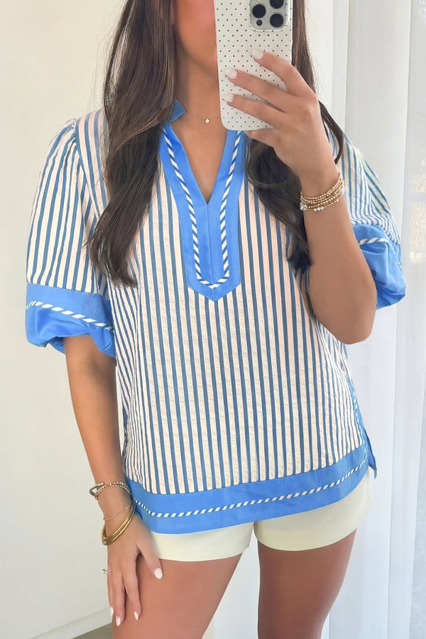 Casual Chic Sky Blue Striped Color Block V-Neck Blouse for Women - Short Sleeve Top for Effortless Everyday Style