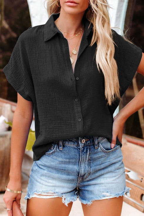 Women's Casual Chic Women's Black Crinkle Cotton Short Sleeve Shirt - Effortless Loose Fit for Everyday Style and Comfort