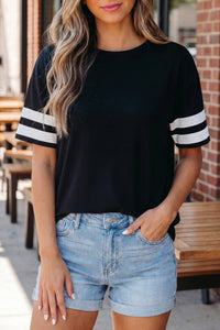 Casual Chic Women's Black Varsity Striped Short Sleeve Crew Neck Tee – Perfect for Everyday Style and Comfort