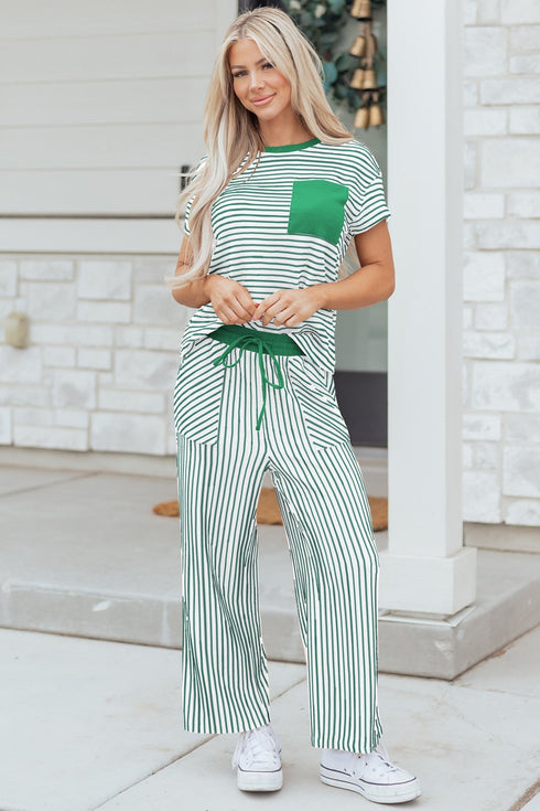 women's casual chic women's green stripe crew neck tee and drawstring cropped pants set - perfect summer outfit with practical styling and dependable