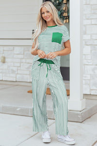 women's casual chic women's green stripe crew neck tee and drawstring cropped pants set - perfect summer outfit with practical styling and dependable