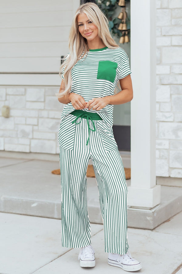 women's casual chic women's green stripe crew neck tee and drawstring cropped pants set - perfect summer outfit with practical styling and dependable