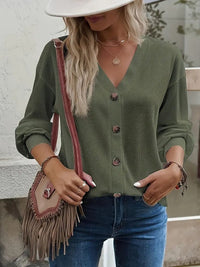 Casual Drop Shoulder V-Neck Long Sleeve Button Sweater