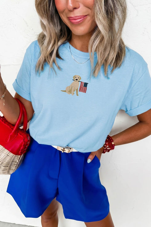 Dog Mom Casual Light Blue Graphic Tee with Embroidered Dog and American Flag Design for Everyday Comfort