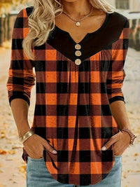 Casual Plaid Print Notch Neck Long Sleeve Button T-Shirt