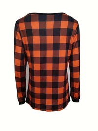 Casual Plaid Print Notch Neck Long Sleeve Button T-Shirt