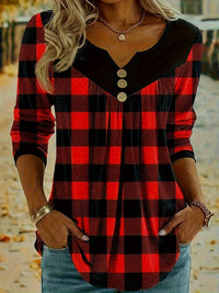 Casual Plaid Print Notch Neck Long Sleeve Button T-Shirt