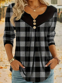 Casual Plaid Print Notch Neck Long Sleeve Button T-Shirt