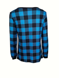Casual Plaid Print Notch Neck Long Sleeve Button T-Shirt