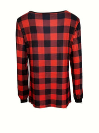 Casual Plaid Print Notch Neck Long Sleeve Button T-Shirt