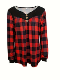 Casual Plaid Print Notch Neck Long Sleeve Button T-Shirt