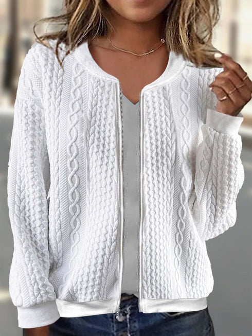 Casual Solid Zip-Up Long Sleeve Textured Jacket