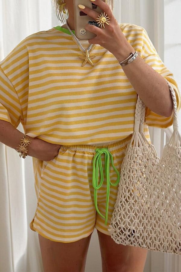 women's casual summer set for women: yellow striped loose fit tee with contrast neck and drawstring shorts with practical styling and dependable