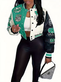 Women's Casual Varsity Stylish Letter Print Button Front Jacket
